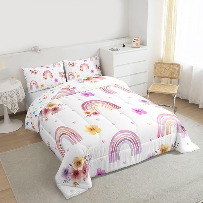 Girls Rainbow Comforter Set Full, Flower Petal Bedding Set For Kids Children Women, Rainbow Stripes Floral Duvet Insert Hand Drawn Iridescent Bedding Comforters With 2 Pillow Cases, Colorful - Image 4