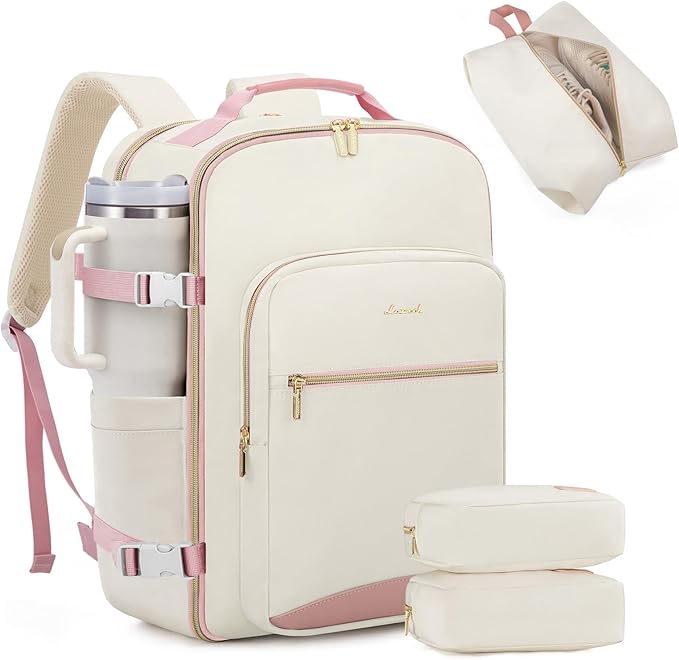 LOVEVOOK 40L Large Travel Backpack for Women Men, 17 Inch Carry on Backpack for Traveling on Airplane, Personal Item Travel Bag Airline Approved, Business Causal Weekender Backpack, Beige-Pink by LOVEVOOK