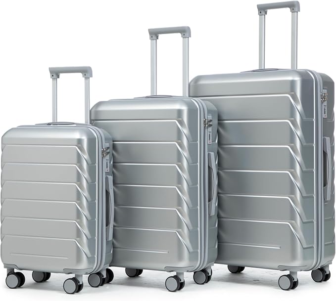 3-Piece ABS Spinner Luggage Set (20" 24" 28") with Combination Lock, Matching Hardshell Suitcases, Silver by LUCCALILY