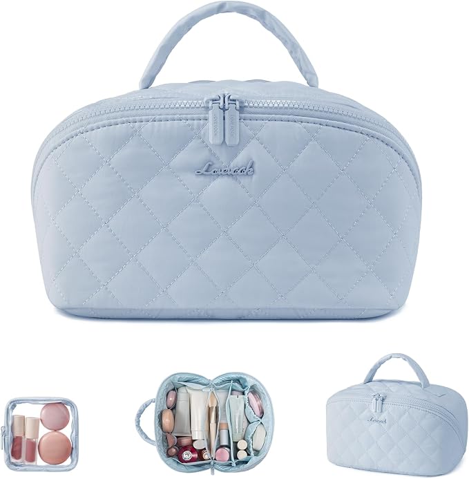 LOVEVOOK Travel Makeup Bag for Women, 2Pcs Puffer Waterproof Cosmetic Organizer, Large Capacity Pouch Open Flat Small Toiletry Bag with Brush Compartment & Handle (Blue, Large) by LOVEVOOK