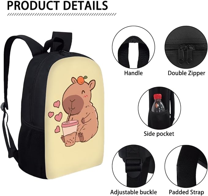 Capybara Bubble Tea Print Boys School Bag 3 in 1 Children's Backpack Set with Lunch Bag and Pencil Pouch Case Daypack Set, Lightweight Durable Knapsack Set for Teen Girls, Light Yellow - Image 4