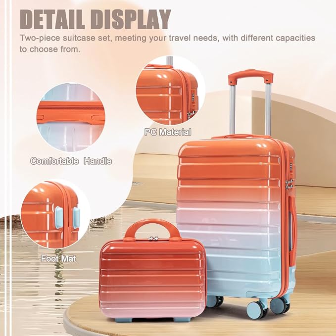 Gradient Color Suitcase 2-Piece Set, 20" Rotating Wheel Suitcase with 14" Cosmetic Case, Lightweight Durable Hardshell Luggage with 360° Spinner Wheels for Travel, Women & Girls (Blue+Red) - Image 2