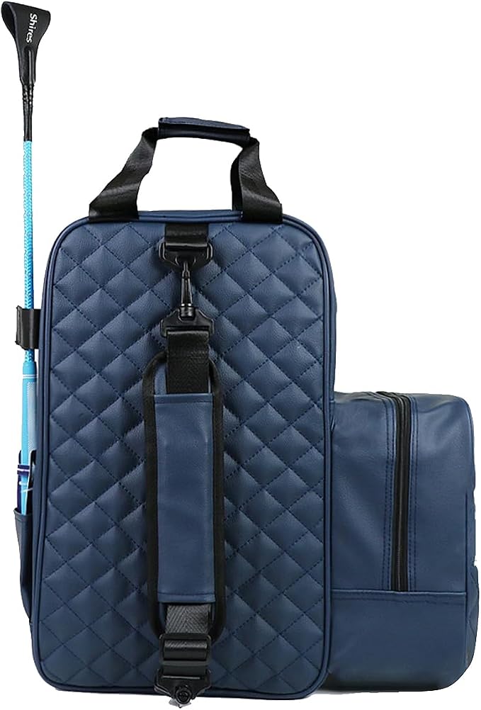 Professional Equestrian Bags Durable PU Leather Waterproof Horse Riding Boots Carry Bag Attached Helmet Hat Compartment (Navy Blue) - Image 3