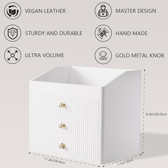 LADSTAG Vanity Organizers,Luxury Skincare Organizer with 3 Tier Drawers,Beige White Large Capacity Cosmetic Organizer Countertop for Makeup Brush,Dresser,Bedroom,Bathroom,Mom Gifts,Mom Birthday Gifts - Image 4