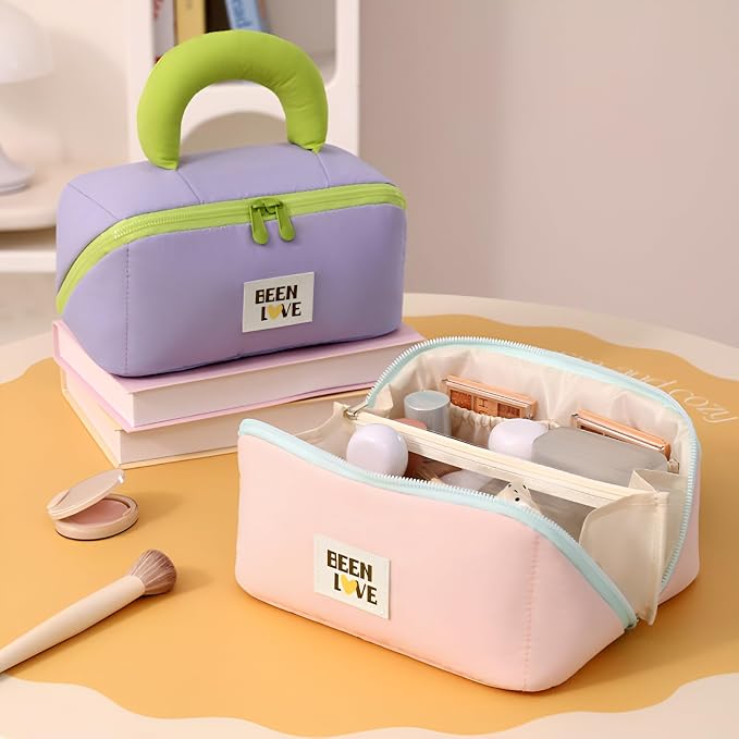 Travel Makeup Bag for Women | Portable Cosmetic Organizer with Handle & Zipper | Waterproof Toiletry Pouch for Makeup Brushes, Skincare & Accessories, Purple, Cross Open Bag - Image 3