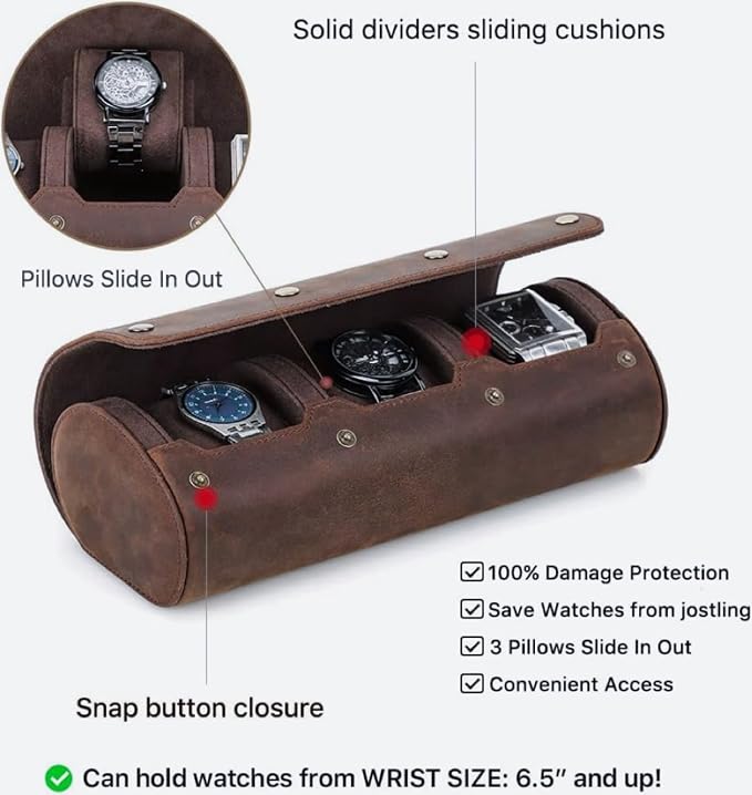 Genuine Leather Watch Roll Travel Case,3 Slots Vintage Full Grain Leather Watch Box with Pillow for Men,Watch Storage Organizer for Home Storage,Gifts - Image 3