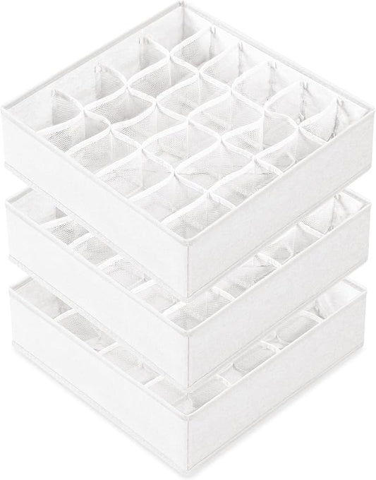 Criusia 3 Pack Sock Underwear Drawer Organizer Dividers, 64 Cell Fabric Foldable Cabinet Closet Organizers and Storage Boxes for Storing Socks, Panties, Ties (16+24+24 Cell, White) by Criusia
