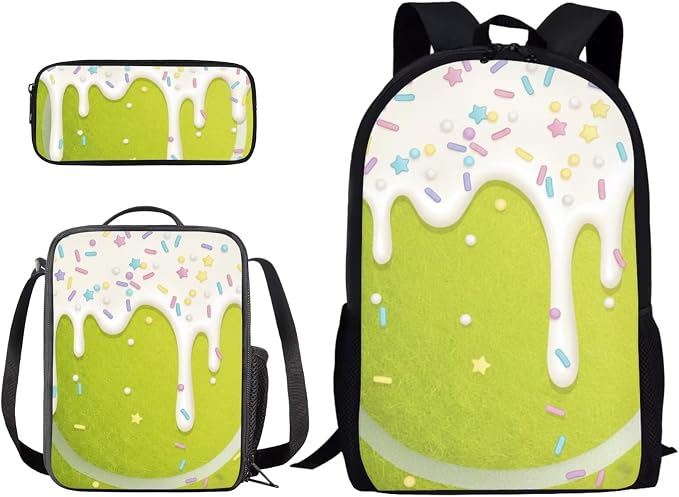 Tennis Drip Sprinkle Ice Cream Print Durable Schoolbag Set for Boys, Large Lightweight Backpack Set with Reusable Lunch Bag Pen Bag for Teenager Girls School Bookbag Set, Green by PCSJRKG