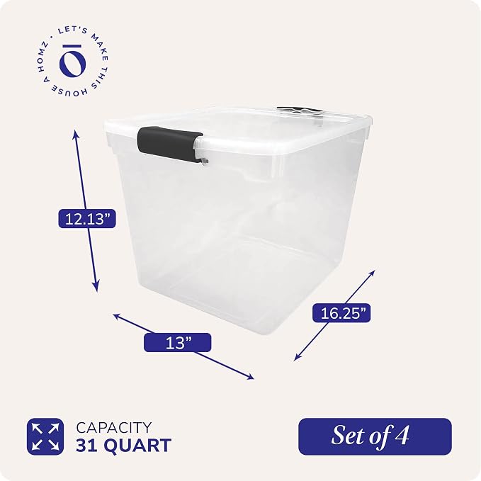 HOMZ 4-Pack 31 Quart Latching Lid, Clear Plastic Storage Organizer Bins, Gray – Stackable Containers for Home & Office Shelves, Kitchen, Garage, and Bathroom Organization - Image 6