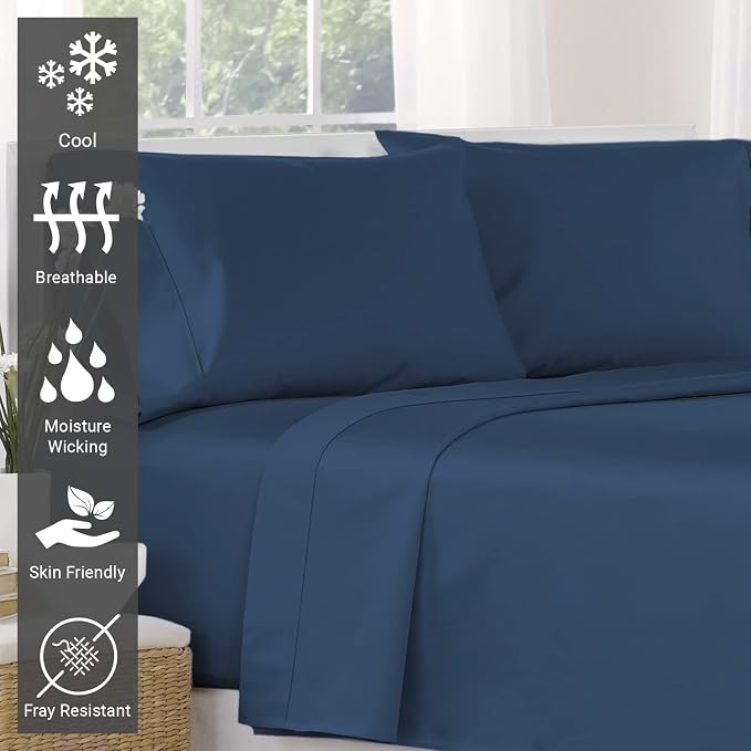 Pizuna Pure 100% Cotton Flat Sheets Only Twin XL Deep Blue (1 PC), Luxurious 400 Thread Count Long Staple Cotton Sateen with 4inch Hem (Combed Twin XL Flat Sheet Only Cotton) - Image 2