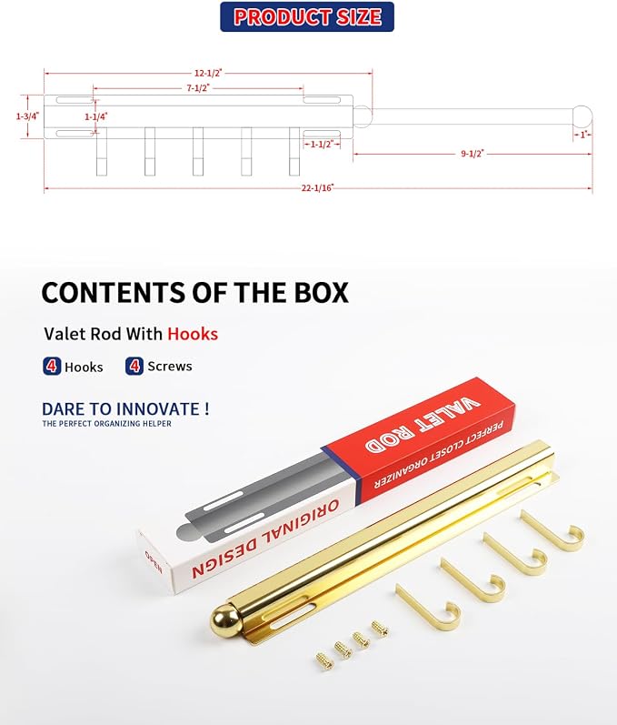 BaiNong Valet Rod for Closets Pull Out 12" Gold with 4 Hooks | Closet Valet Rod Slide Out for Closets, Laundry Rooms, RVs Space-Saving - Image 4