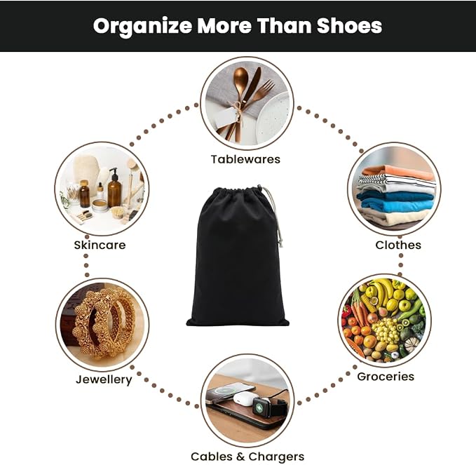 LFH Cotton Rich Shoe Storage Bags with Drawstring, Dustproof Breathable Reusable Organizer, Perfect For Travel, Dorm, Hotel, College, Gym, Machine Washable 12"x17" (Pack of 6) - Black sand - Image 6