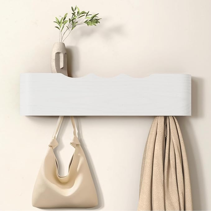 Wall Mounted Coat Rack with Shelf, Wooden Entryway Organizer with Hidden Metal Hooks for Hanging Coats Bags Keys, Modern Floating Shelf for Hallway Bathroom by VERASCOT