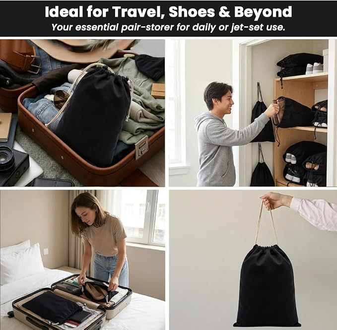 LFH Cotton Rich Shoe Storage Bags with Drawstring, Dustproof Breathable Reusable Organizer, Perfect For Travel, Dorm, Hotel, College, Gym, Machine Washable 12"x17" (Pack of 6) - Black sand - Image 3