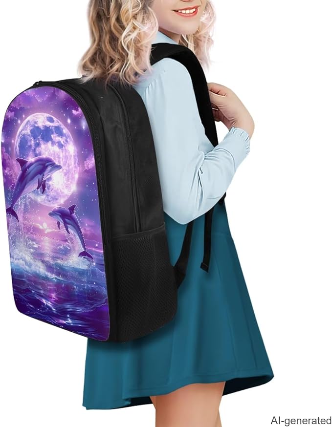 Dolphin Backpack for Girls Kids Backpack with Lunch Box Water Bottle Pouch and Aesthetic Pencil Case 4PCS Set Bookbag with Compartments for School Teens 17 inch Large Elementary School Bag - Image 2