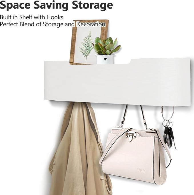 Coat Rack Wall Mount with Shelf 4 Hidden Hooks Modern Wooden Key Holder Entryway Organizer for Hallway Bedroom Bathroom Home Decor Storage for Hanging Coats Hats Bags Towels, White - Image 2