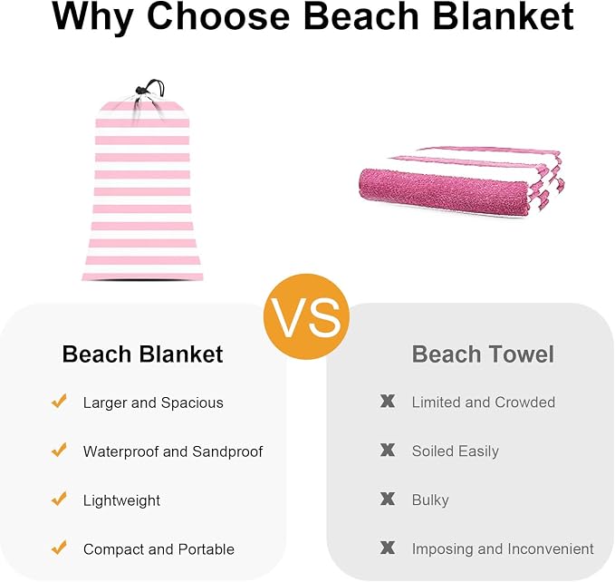Beach Blanket Sandproof Waterproof,Extra Large Picnic Blanket 9 Ft X 10 Ft for 8 Adults with Stakes and Sand Pocket, Compact Lightweight Sand Free Beach Mat Essential- Pink Striped - Image 6