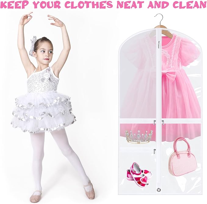 Windyun 10 Pack Garment Bags for Dance Costumes Kids 40 Inch Clothing Bags Hanging Clothes with 3 Clear Zipper Pocket Waterproof Garment Cover for Dance Competition, Travel, Closet Storage(White) - Image 5