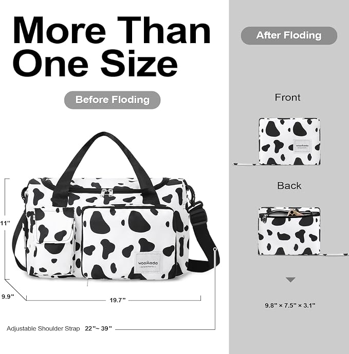 WOOMADA Foldable Travel Duffel Bag with Shoes Compartment, Overnight Bag with Wet Pocket & Trolley Sleeve, Weekender Bags for Women (cow) - Image 2