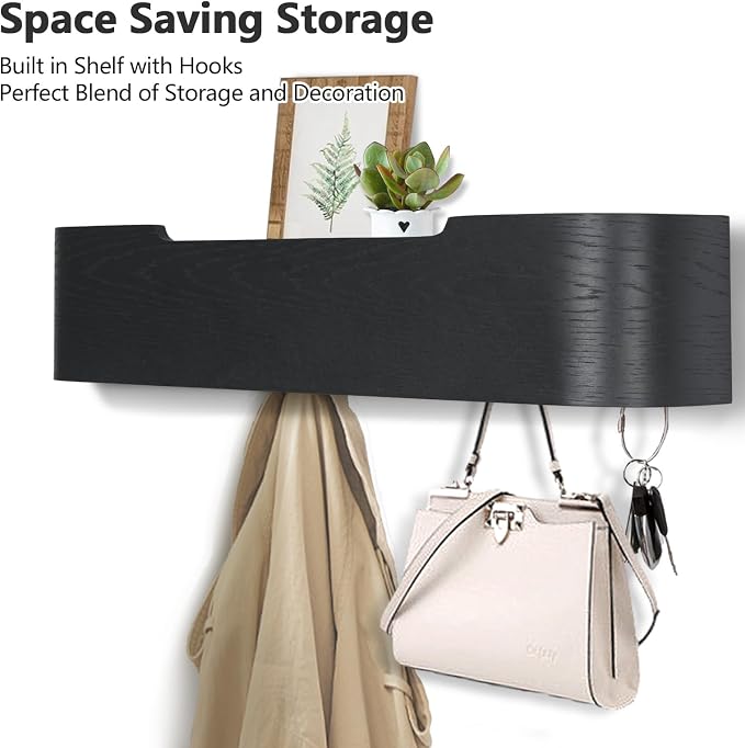 Coat Rack Wall Mount with Shelf 5 Hidden Hooks Modern Wooden Key Holder Entryway Organizer for Hallway Bedroom Bathroom Home Decor Storage for Hanging Coats Hats Bags Towels, Black - Image 2