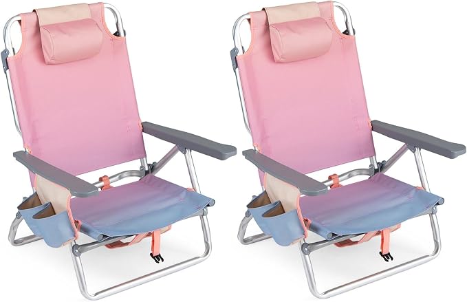 Giantex Folding Beach Chair, Patio Sling Chairs with 5 Adjustable Position, Head Pillow, Storage Bag, Towel Bar, Cup Holders, Backpack Chairs for Sunbathing, Camping Chair by Giantex