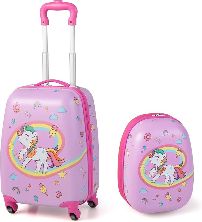 HONEY JOY Kids Luggage, 12" Toddler Backpack & 16" Travel Suitcase with Wheels, Lightweight Toddler Girls Suitcase, Durable ABS Hardshell, 2Pcs Carry On Luggage Set for Boys Girls(Pink Horse) by HONEYJOY
