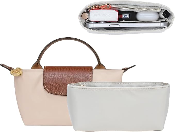 Soft Nylon Purse Organizer Insert for Longchamp Le Pliage Mini Handbag, Lightweight Luxury Long Champ Mini Handbag Storage Divider with 5 Upgraded Deepened Compartments,XS/Beige by OAIKOR