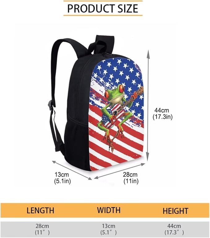 American Flag Frog Guitar Print 3 In 1 Schoolbag Set for School or Travel with Lunch Bag and Pencil Case, Large Lightweight 4th of July Backpack Set for Boys and Girls, School Bookbag Set - Image 2
