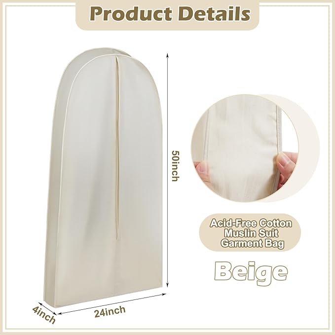50 Inch Acid Free Cotton Muslin Suit Garment Bag Long Dress Suit Storage Box Closet Organizer for Suits, Coats, Travel Bag - Image 2