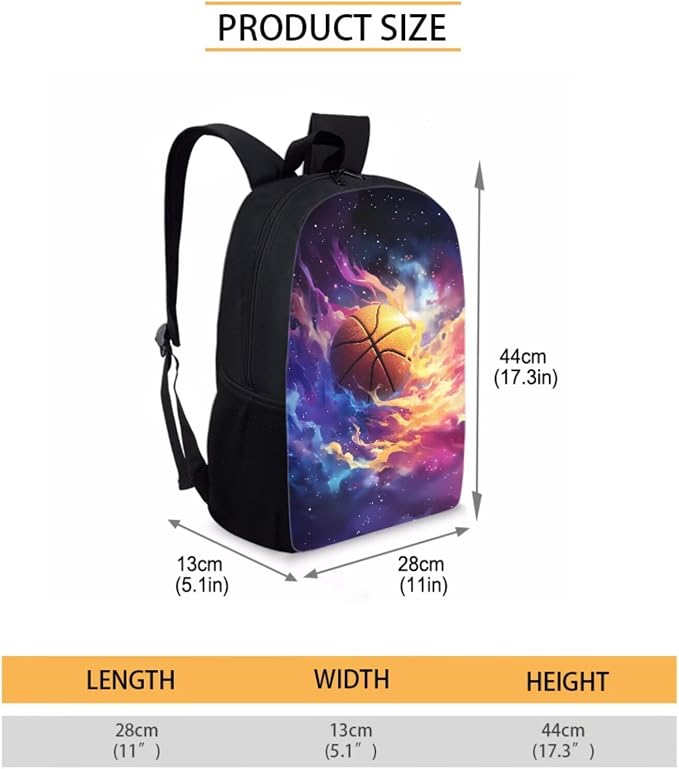 Galaxy Basketball Print 3Pcs School Bag Backpack Set for Teen Girls, Elementary Middle Kids Bookbag Durable Lightweight Knapsack with Lunch Box Pencil Case, Large School Bookbag Set - Image 2