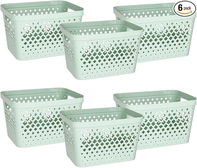 Glad Plastic Storage Basket Set, Value Pack of 6 | Open Storage Bins for Shelves, Bathroom, Pantry, Closet | Nesting Organizer Boxes with Handles, 4 Gallon, Sage by GladTrashFoodStorage