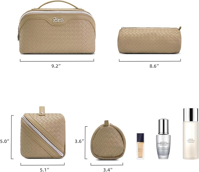 BOYATU Travel Makeup Bag Cosmetic Bags for Women: Large Capacity 3 Pcs Set Make up Bag with Compartments - Waterproof Vegan Leather Toiletry Organizer Bags with Handle (L12 Apricot) - Image 5