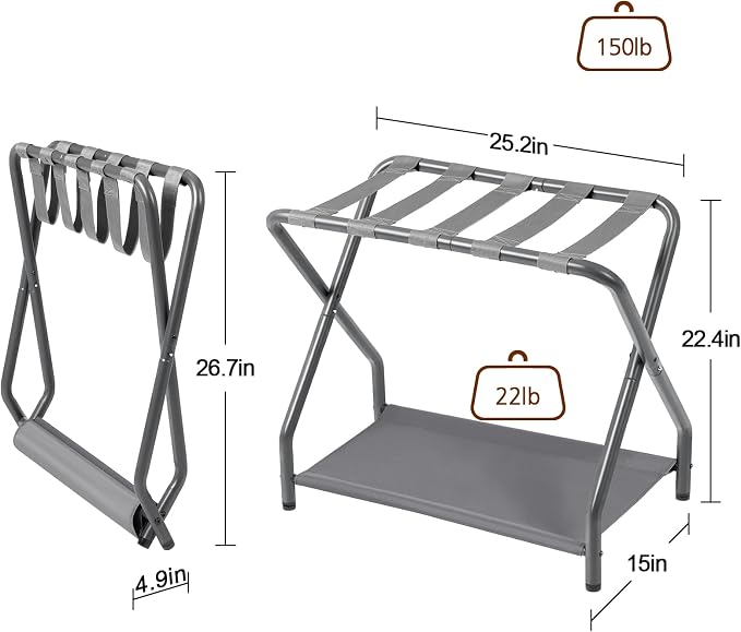 AMHANCIBLE Luggage Rack, Set of 2, Foldable Suitcase Stands for Guest Room, Metal Luggage Holder with Storage Shelf for Bedroom, Hotel, Easy Assemble, HLR02GY - Image 3