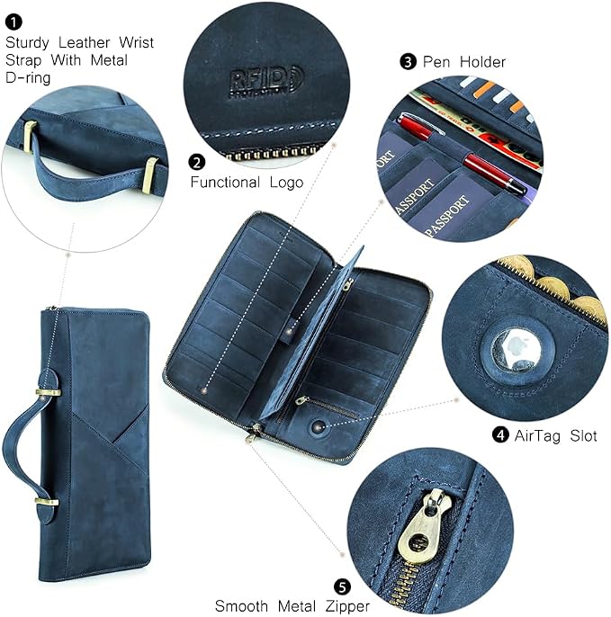 CONTACTS Family Passport Holder for 10 Full Grain Leather Passport Holder Compatible with Airtag for Family Travel Document Organizer Multiple Passport Wallet with Rfid Blocking (Blue) - Image 8