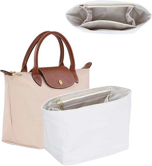 Soft Nylon Purse Organizer Insert for Longchamp Le Pliage Original S Handbag, Lightweight Luxury Long Champ Small Handbag with Cup Holder,Zipper Bags Inner Linner with 7 Deepened Pockets,S/Beige by OAIKOR