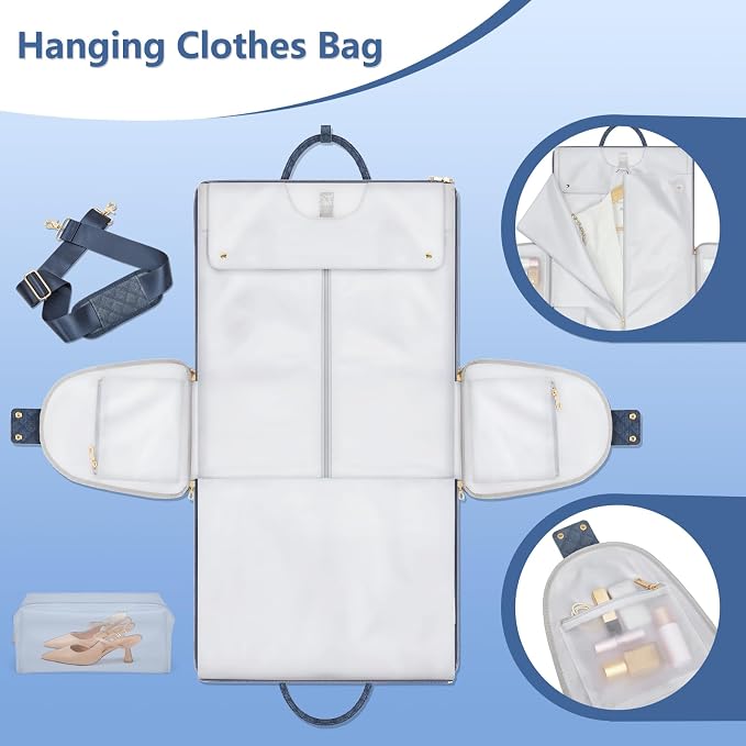 Garment Bags for Travel, Convertible Suit Travel Bag for Women, Stylish Carry On Garment Bag with Toiletry Pocket, Shoulder Strap & Shoes Compartment, 2 in 1 Foldable PU Leather Duffle Bag, Navy Blue - Image 7