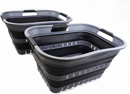 SAMMART Set of 2-30L (8 gallon) Collapsible Plastic Laundry Basket - Foldable Pop Up Storage Container/Organizer - Space Saving Hamper/Basket (2, Grey/Black) by SAMMART
