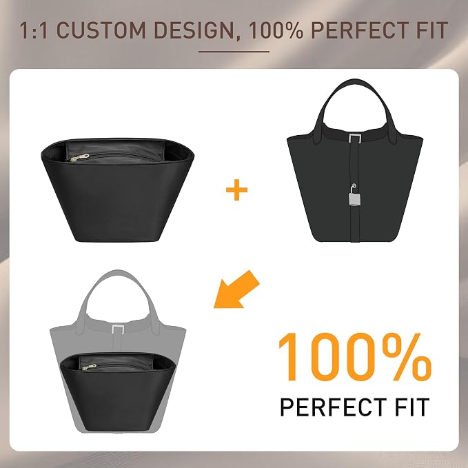Doxo Picotin 18 Luxury Satin Purse Organizer Insert - Silky Smooth Picotin 18 Bag Insert with Multiple Pockets, Soft Touch Inner Liner for Women's Handbags, Fits Hermes Style Picotin Bags(PC18, Black) - Image 3