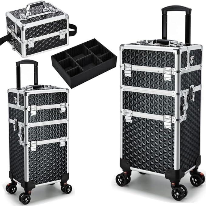 Professional Rolling Makeup Case, 3 in 1 Makeup Train Case, Cosmetology Case on Wheels, Large Makeup Trolley Salon Barber Traveling Trunk Suitcase for Makeup School Nail Tech Hairstylist MUA, Black by Yueieoun