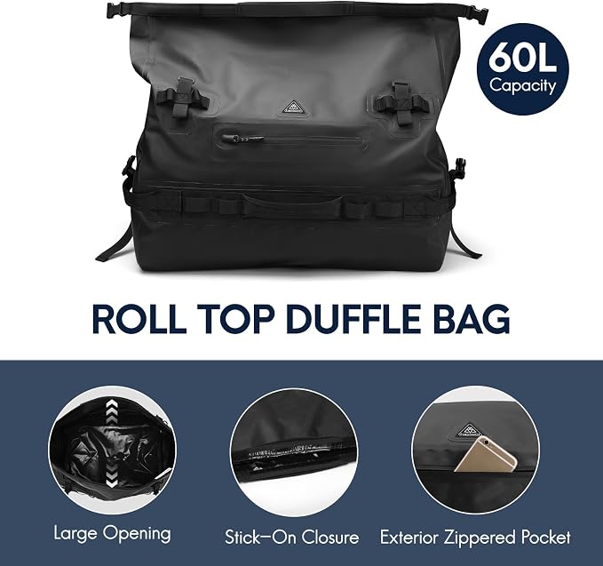 Haimont IPX7 Waterproof Roll-Top Dry Duffel Backpack | 60L/90L Sizes, 500D Tarpaulin, Welded Seams, Mesh Pockets, Boating & Kayaking - Image 5