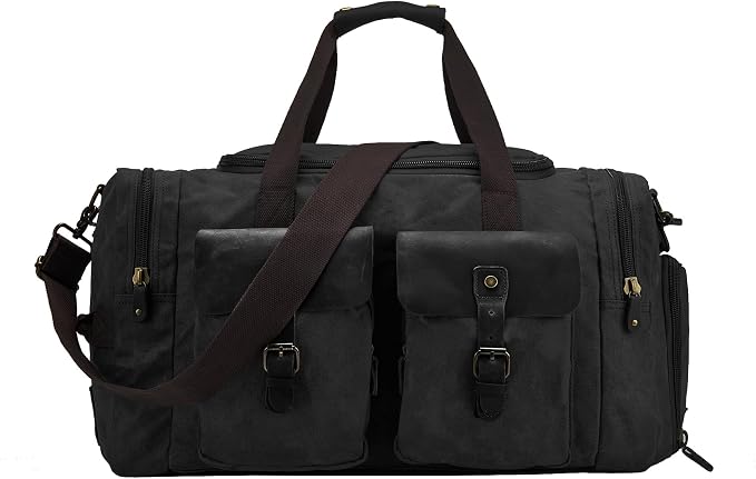 Waxed Canvas Duffel Bag with Shoe Compartment | Waxed Canvas Travel Bag for Men, Genuine Leather Trim, Shoe Compartment, Front Pockets, Weekend, Overnight and Carry-On Use by BRASSTACKSLeathercraft