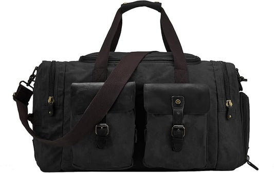 Waxed Canvas Duffel Bag with Shoe Compartment | Waxed Canvas Travel Bag for Men, Genuine Leather Trim, Shoe Compartment, Front Pockets, Weekend, Overnight and Carry-On Use by BRASSTACKSLeathercraft