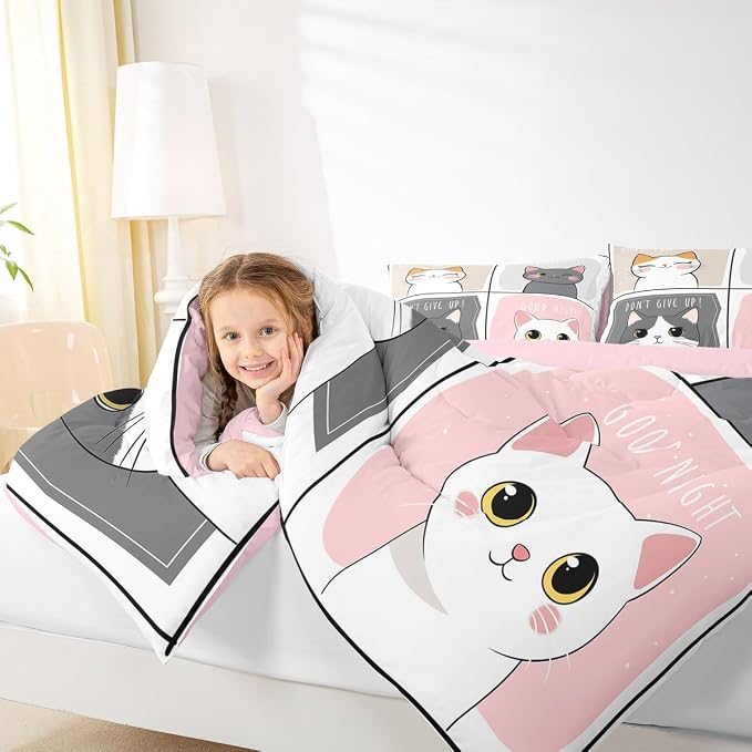 Erosebridal Kawaii Cats Comforter Set King,Pink Grey Cute Little Cat Down Comforter Adorable Kitten Animal Bedding Set for Kids Boys Girls Patchwork Cartoon Doodle Quilt Duvet Set with 2 Pillow Cases - Image 6