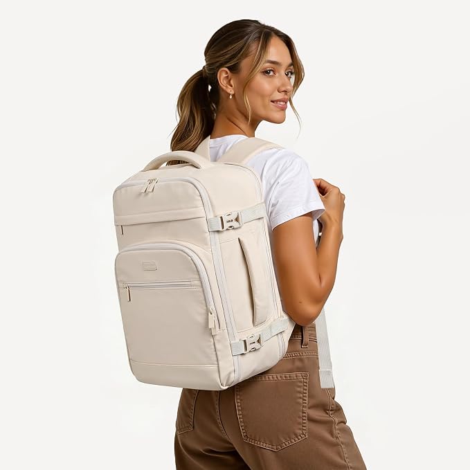 mibasies 30L Travel Backpack for Women & Men: Flight Approved Carry On Backpack, TSA Personal Item Bag with Water Bottle Pocket, Weekender Essentials Backpacks fits 15.6" Laptop - Beige - Image 2