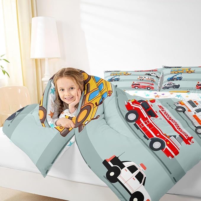 Erosebridal Fire Truck Comforter Set,Police Car Down Comforter King Size,School Bus Bedding Set for Kids Boys Teens Youth,Equipped Truck Cartoon Vehicle Quilt Duvet Insert Bedroom Dorm Decor 3 Pcs - Image 5
