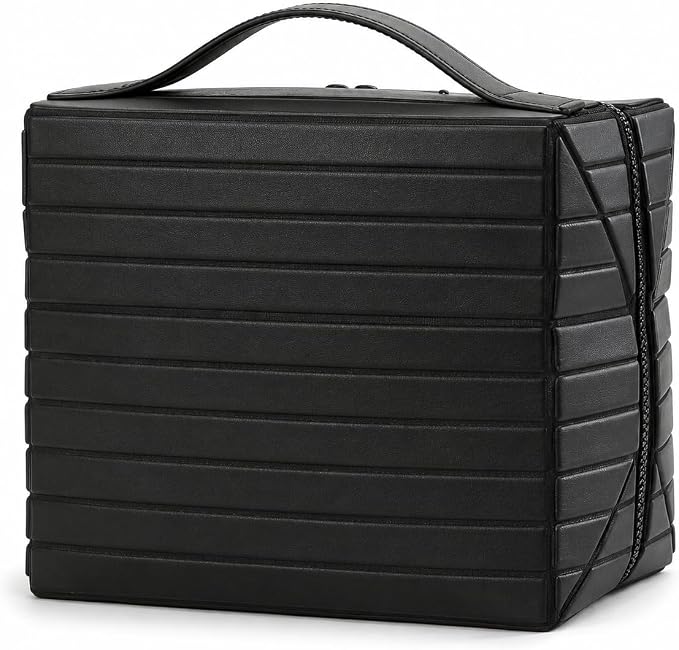 Fold Down Large Capacity Makeup Bag for Women, Foldable Travel Makeup Organizer with Compartments, Lay Flat Waterproof Cosmetic Toiletry Bag for Brushes and Skincare (Black) by Unknown