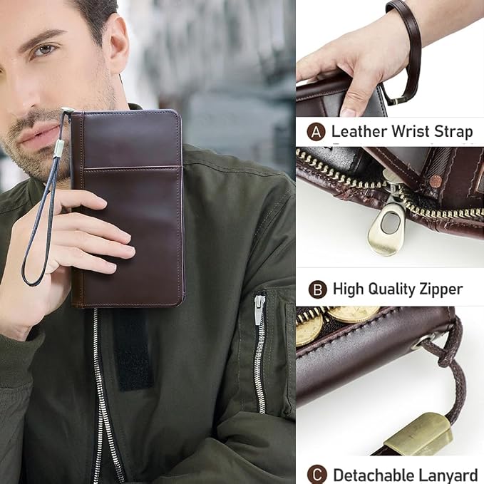 CONTACTS Travel Passport Wallet for 4 Leather Family Passport Holder Clutch Wallet Zipper Wrist Card Purse RFID Blocking with 13 Card Slot Fit up 4 Passports - Image 2