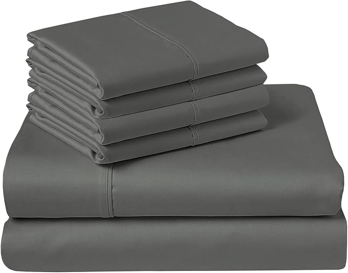 Pizuna Pure 100% Cotton Queen Size Sheet Set Dark Grey, Luxurious 400 Thread Count Long Staple Cotton Sateen Sheets with 15" Deep 2 Extra Pillowcase (Combed Cotton Bed Sheet Set) by Pizuna