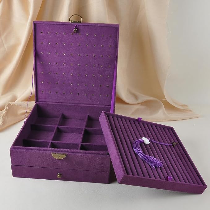 Jewelry Organizer 5 Layers Velvet Square Jewelry Box Women Necklace Ear studs Display Bangles Large Jewelry Storage Case Drawer GY306 (purple) - Image 2