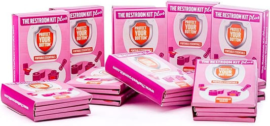 The Restroom Kit Plus: All-in-One Hygiene Travel Kit for Women, 12-Pack with Panty Liner, Patented Seat Cover, 3-Ply Toilet Paper, and Wipes